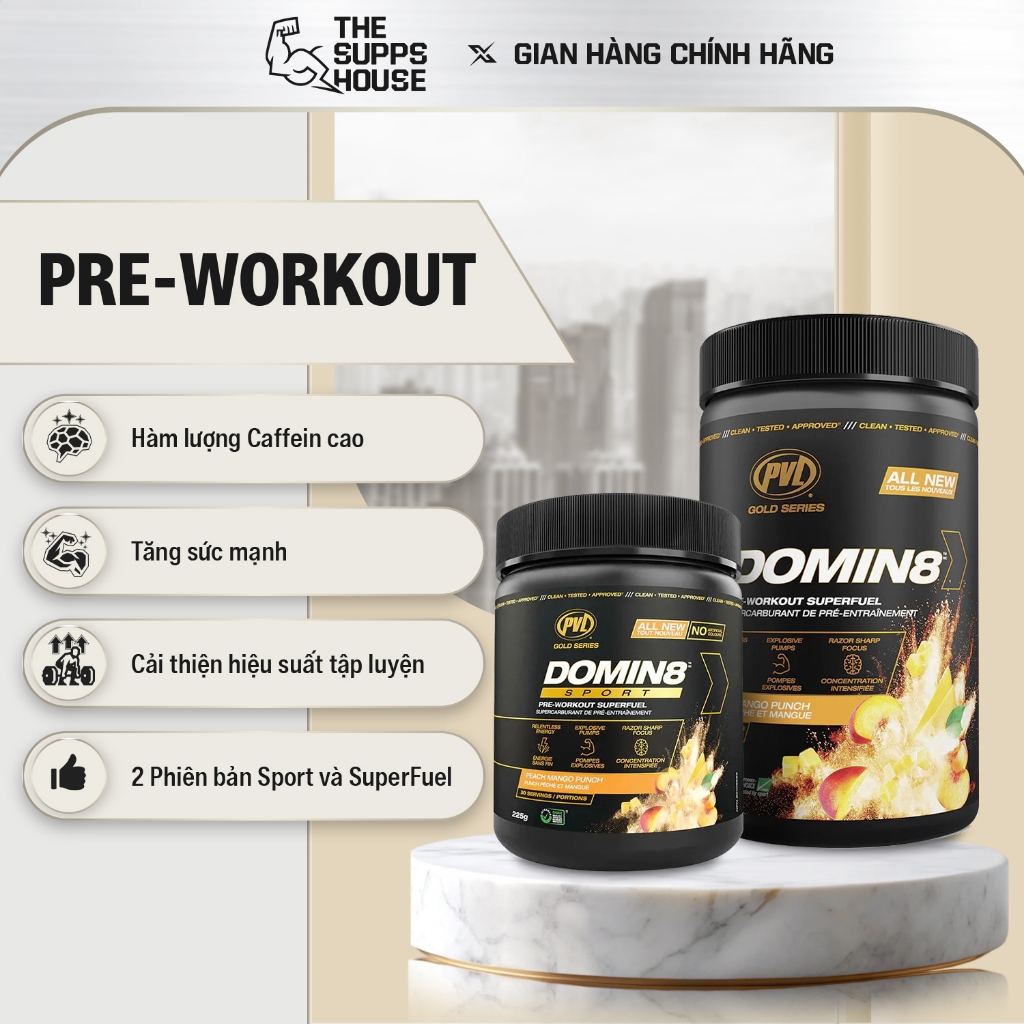Bột tăng sức mạnh Pre-workout Domin8 PVL pump cơ tối đa, giảm mệt mỏi