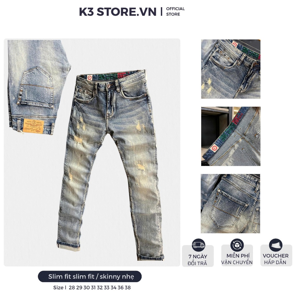[K3 STORE VN] [3K DENIM] Quần Jeans Nam Xanh Bạc RETRO Kiểu Rách Mạng Chỉ Mẫu Mới 3KM3-J3756