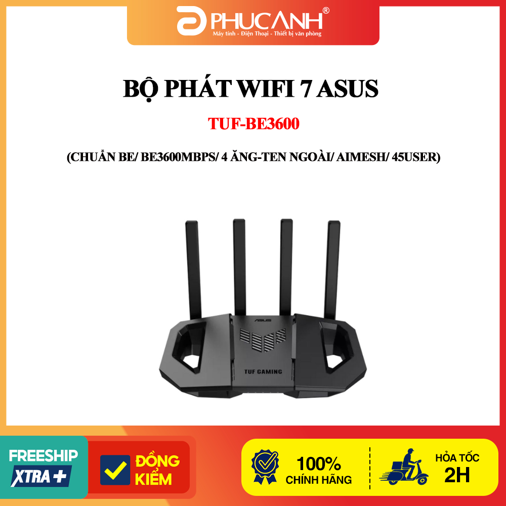 Bộ phát wifi 7 Asus TUF-BE3600 (Chuẩn BE/ BE3600Mbps/ 4 Ăng-ten ngoài/ AIMesh/ 45User)