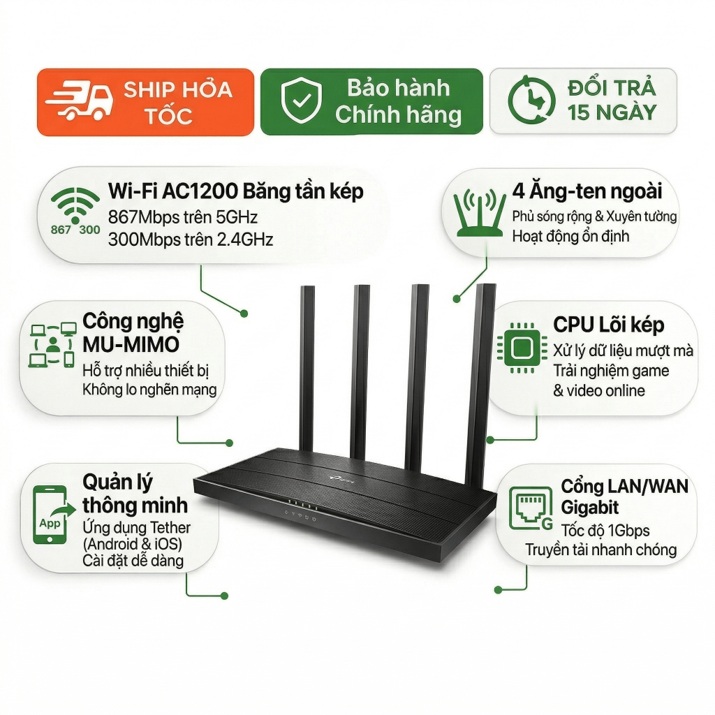 Router Wifi TP-Link Archer C6 AC1200 Gigabit MU-MIMO 4 Anten Phát Sóng Mạnh