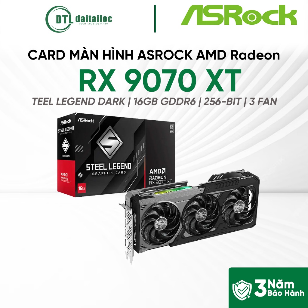 Card màn hình VGA ASROCK RADEON™ RX 9070 XT STEEL LEGEND DARK 16GB GDDR6 256-BIT 3 FAN | Chính Hãng 