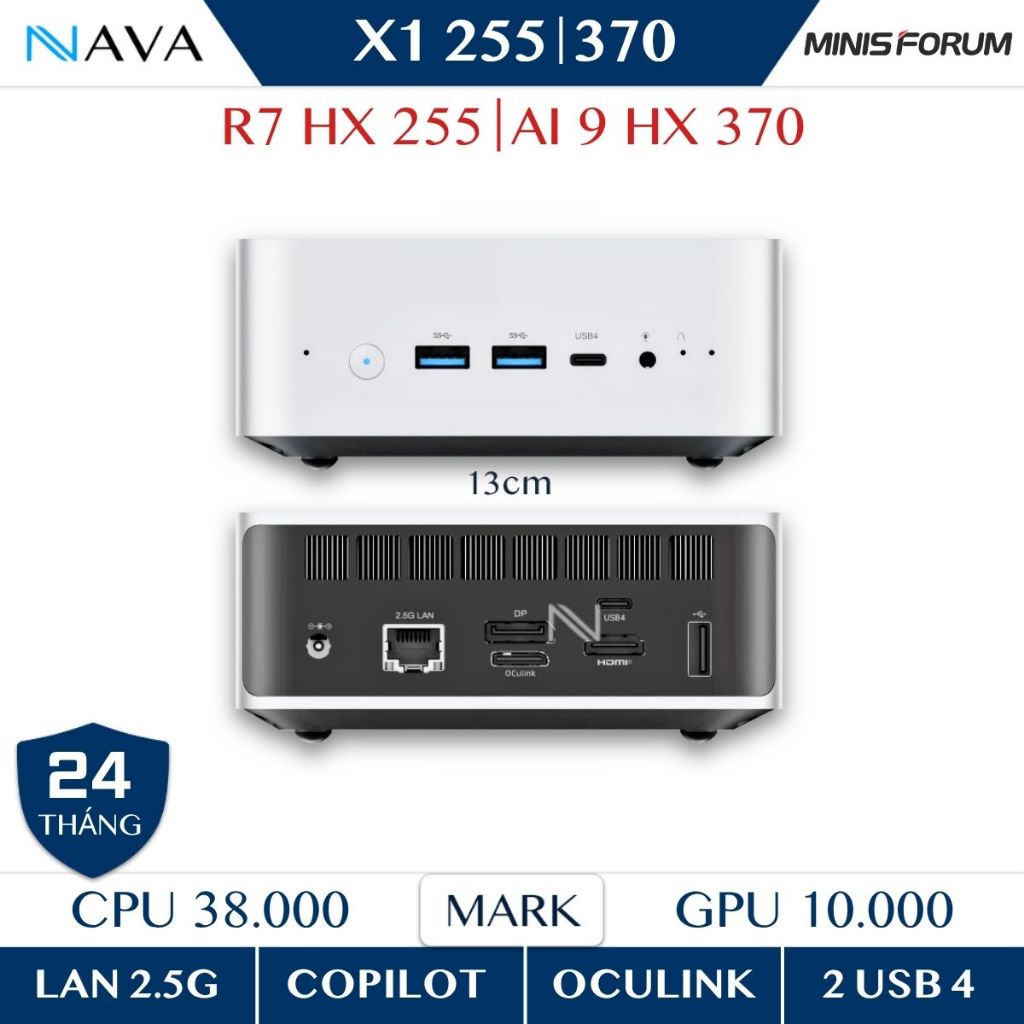 Mini PC AI Minisforum X1 Ryzen 7 HX 255 Ryzen 9 HX 370 890M Usb4, Oculink, DDR5 hỗ trợ AI mạnh mẽ