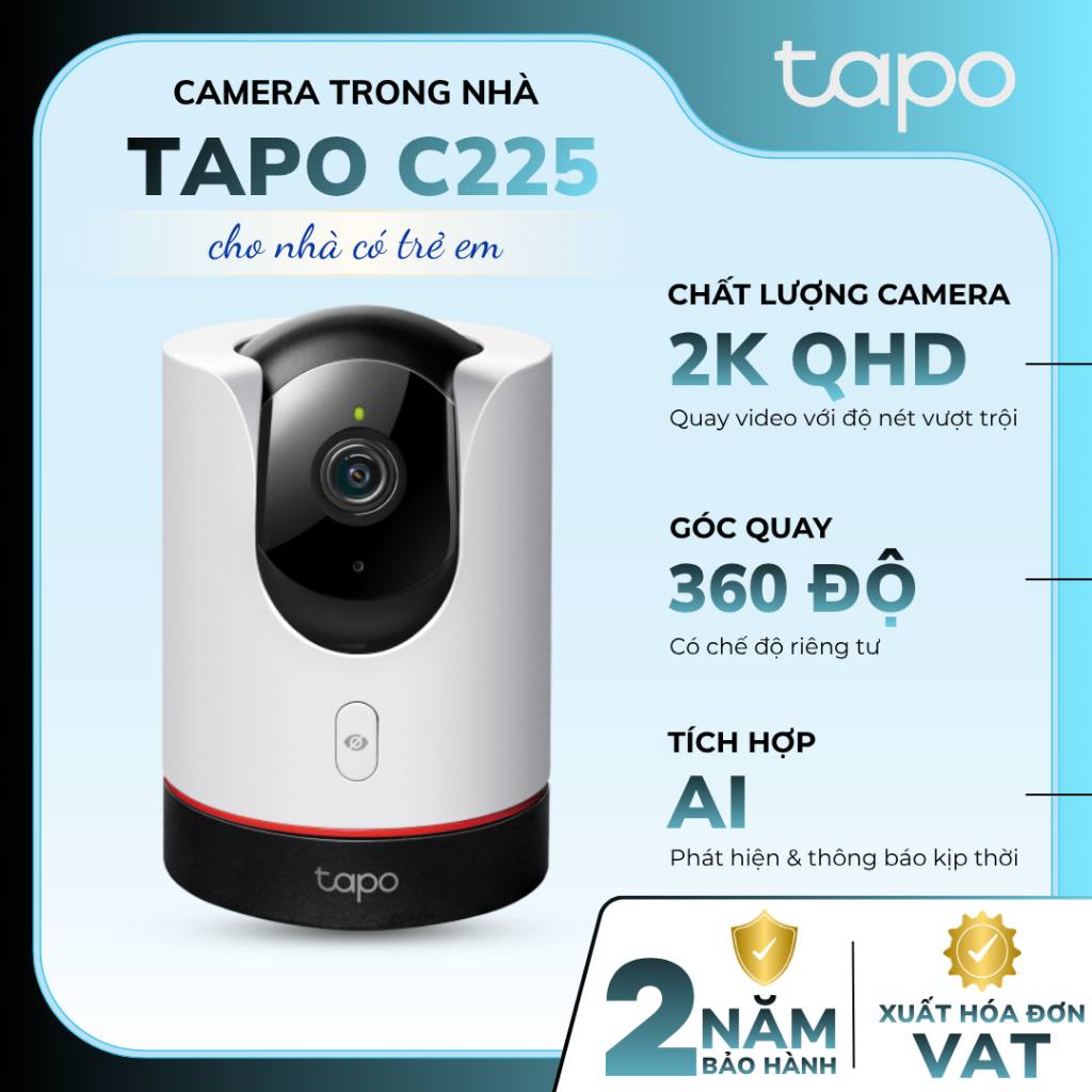 Camera AI Wi-Fi An Ninh Gia Đình Quay Quét Tapo C225 | 2K 4MP, Cảm Biến Starlight, Che Ống Kính