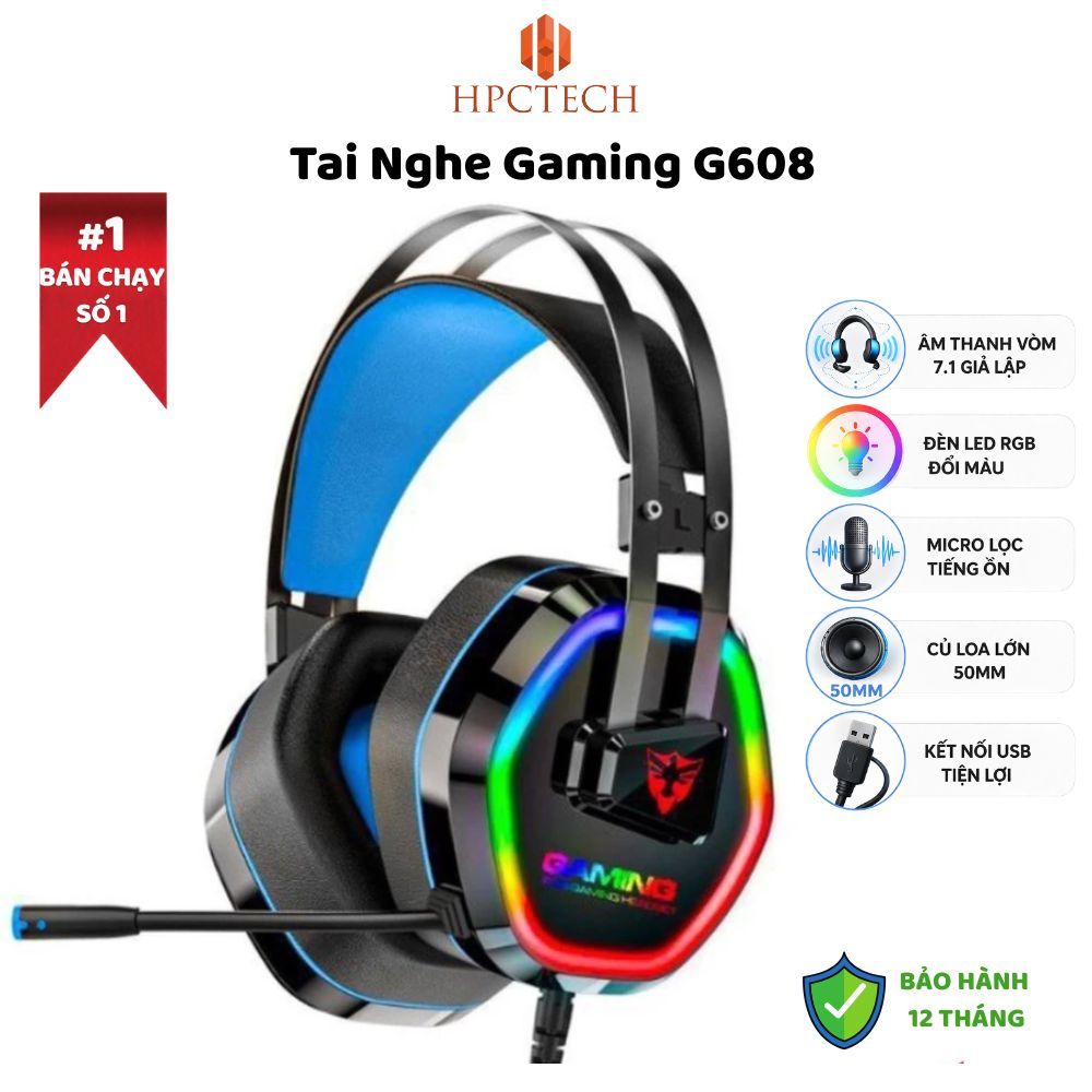 Tai Nghe Có Dây Gaming G608 – Tai Nghe Chơi Game Bluetooth 5.3 Độ Trễ Thấp, Âm Thanh Vòm 7.1, Có Mic