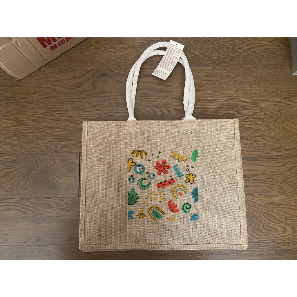 Túi vải lanh sợi đay - Hoa cách điệu. Vẽ tay sắc sảo trên túi Muji - Handcraft Painting Jute Eco Tot