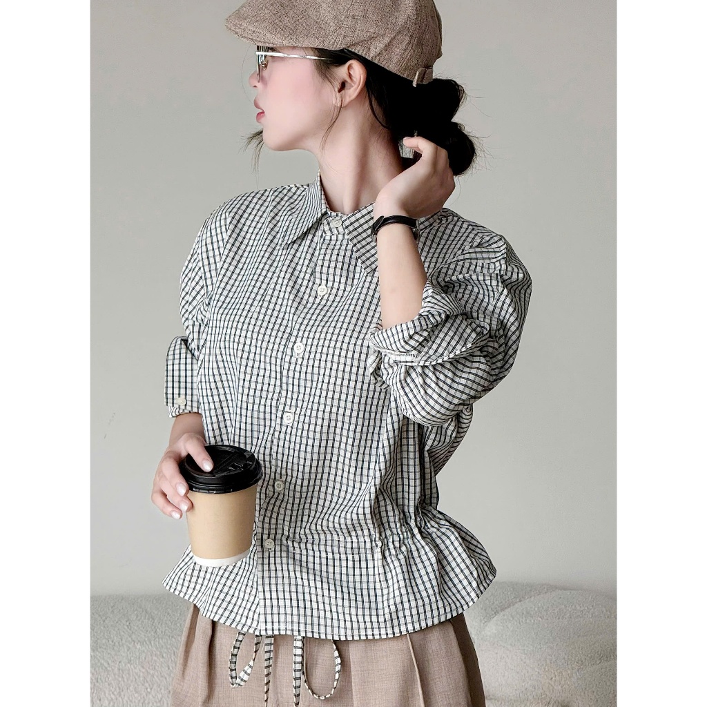 Áo sơ mi kẻ caro dáng vừa dây rút eo xoè 2026 Miho House | BigBuy360 - bigbuy360.vn