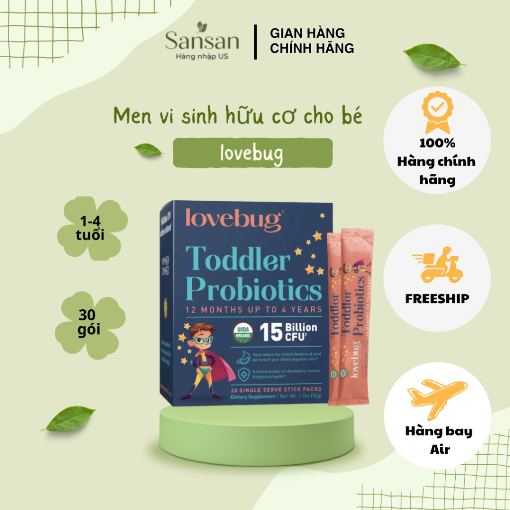 Men vi sinh lovebug Toddler Probiotics 15 tỷ lợi khuẩn cho bé 1 - 4 tuổi 30 gói