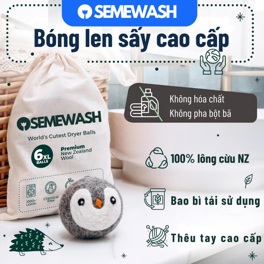 Bóng Sấy Lông Cừu Semewash Dryer Ball New Zealand Bóng len Hữu Cơ Banh Giảm Nhăn Rút Ngắn Thời Gian 