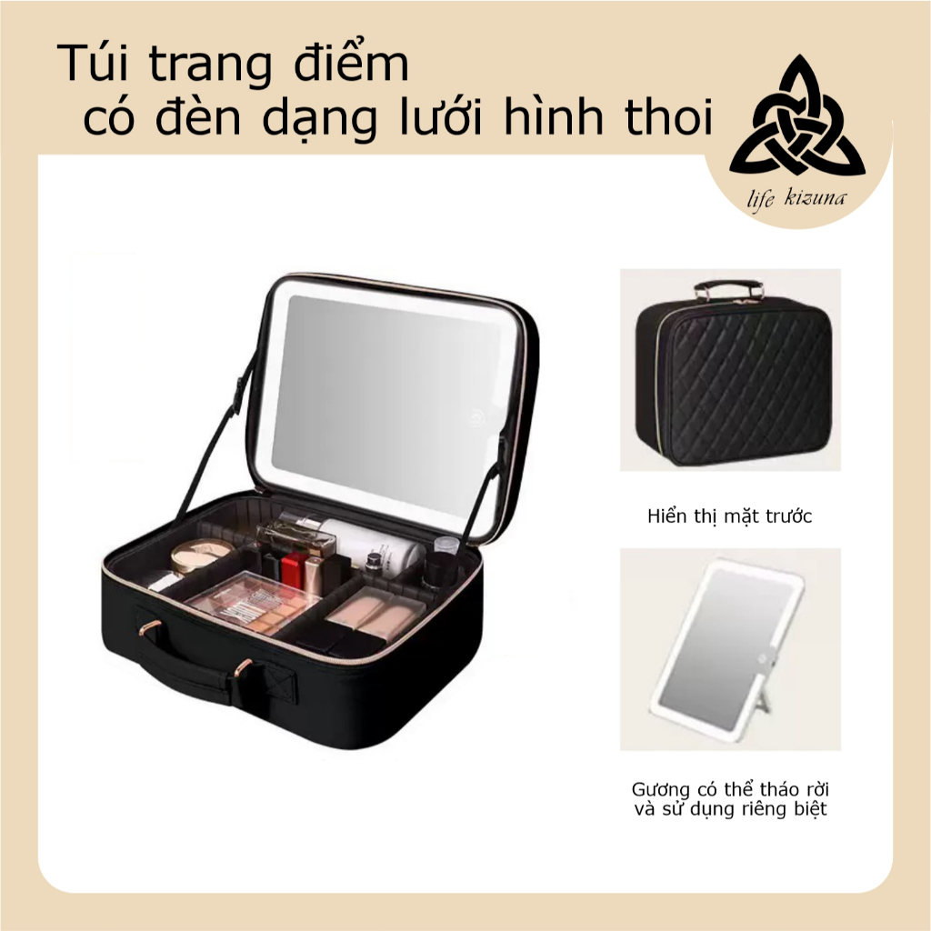 [Life Kizu]Túi Da Đựng Đồ Trang Điểm Cá Nhân Kèm Gương Đèn LED - Cốp Đựng Mỹ Phẩm Cầm Tay Có Gương