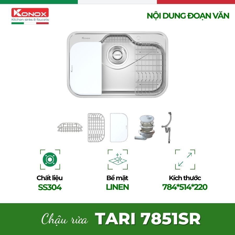 Chậu Rửa Bát Konox Tari 7851SR Basic/Full – Chậu Rửa Bát Bền Bỉ Cho Mọi Nhà Bếp