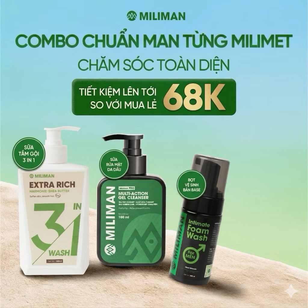 Combo Chuẩn Man MILIMAN | Chăm Sóc Toàn Diện Với Sữa Tắm Gội Extra Rich, Sữa Rửa Mặt Nam, Bọt Vệ Sin