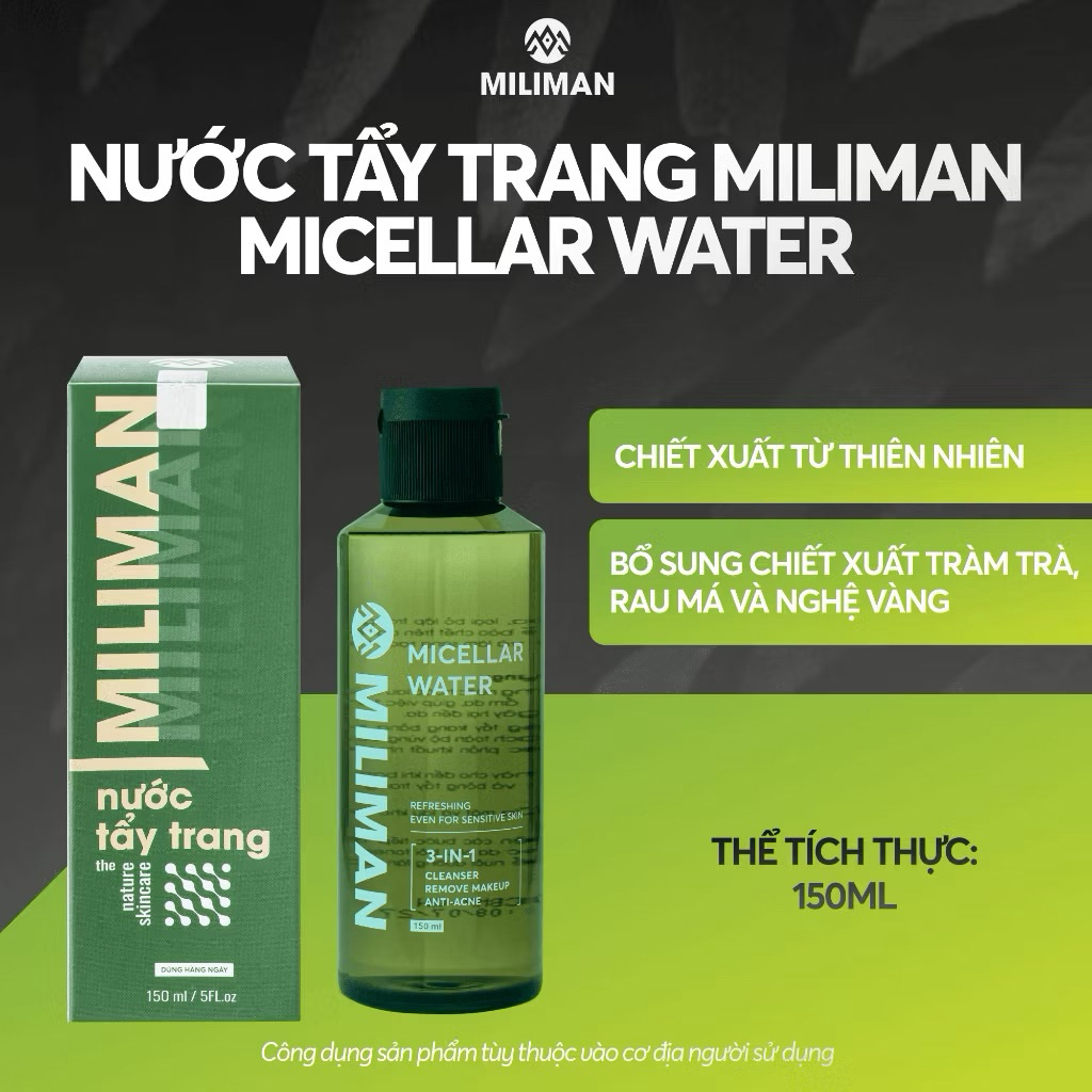 Tẩy Trang Nam MILIMAN 150ML | Công Nghệ Micellar Water, Làm Sạch Bã Nhờn, Hỗ Trợ Ngừa Mụn