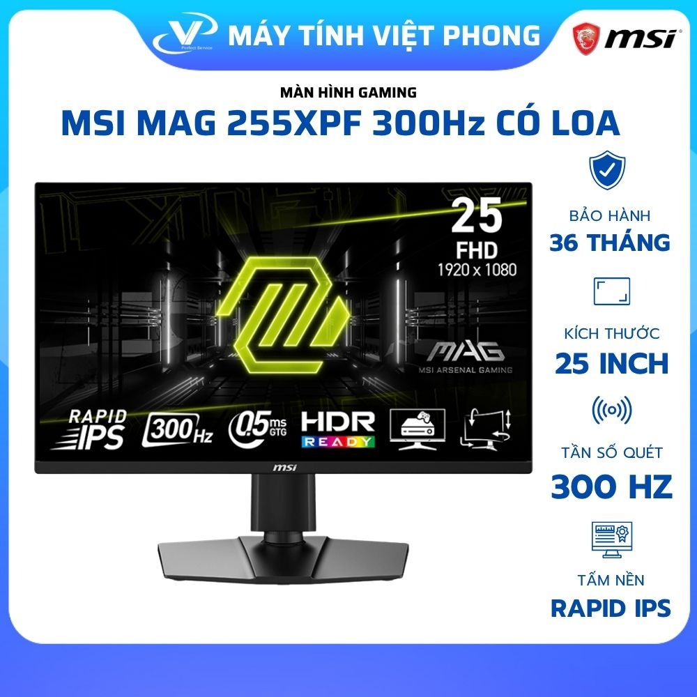 MÀN HÌNH GAMING 300HZ MSI MAG 255PXF (25"/FHD/Rapid IPS/300Hz/0.05ms/LOA) CHÍNH HÃNG BẢO HÀNH 3 NĂM