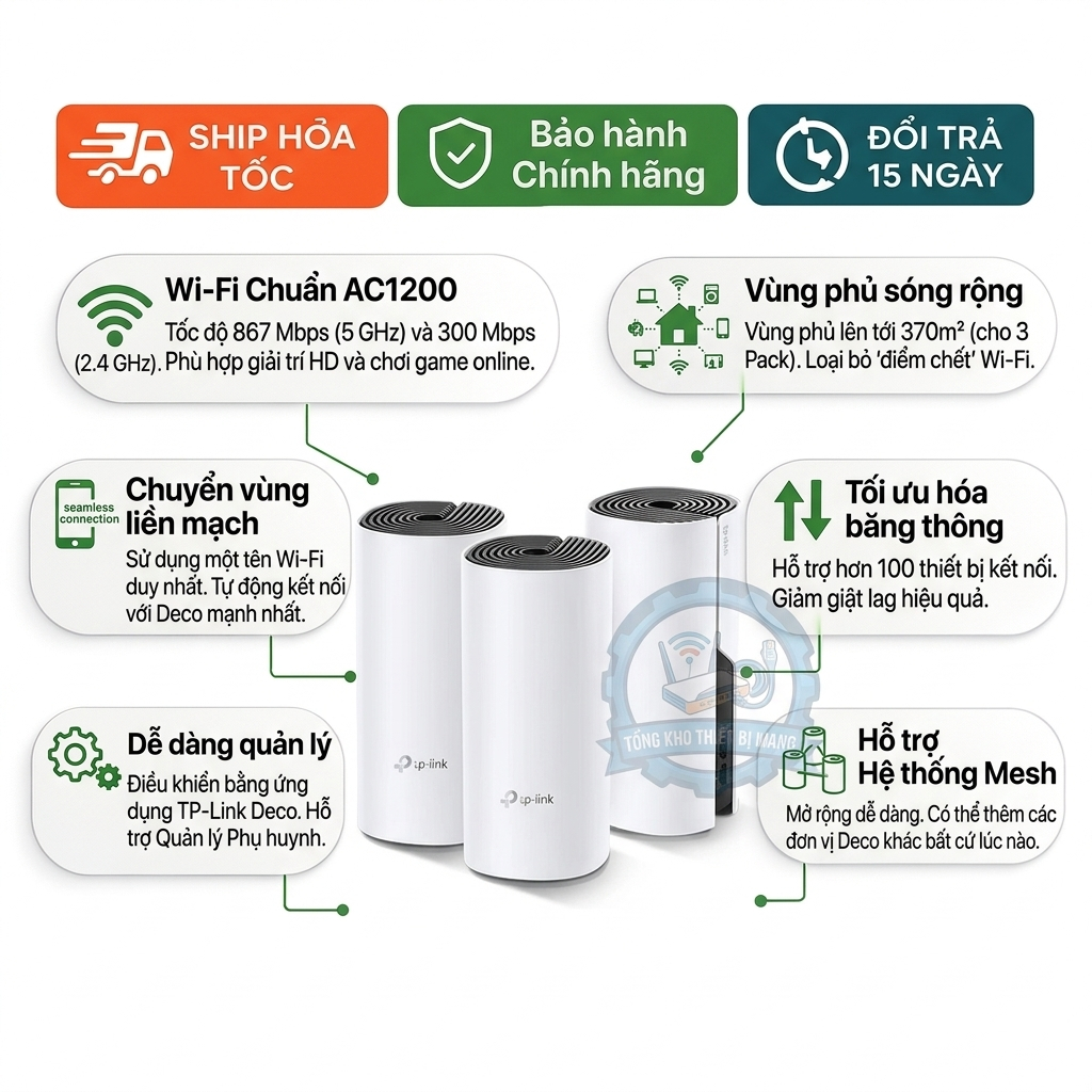 Router Mesh TP-Link Deco E4 AC1200 (3 Pack) Phủ Sóng Toàn Nhà Roaming Mượt