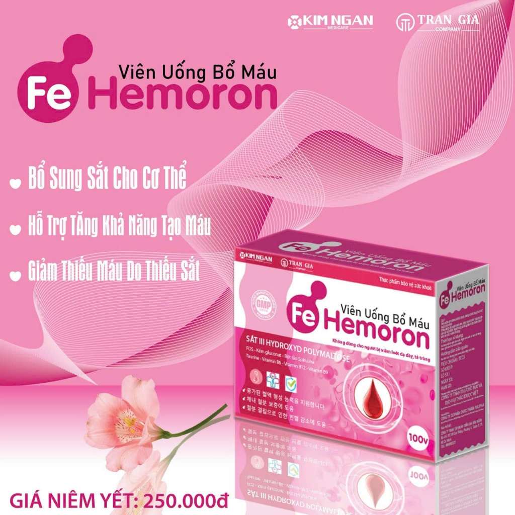 Viên bổ máu Fe Hemoron - bổ sung Sắt và acid folic giúp giảm nguy cơ thiếu máu do thiếu sắt, hộp 100