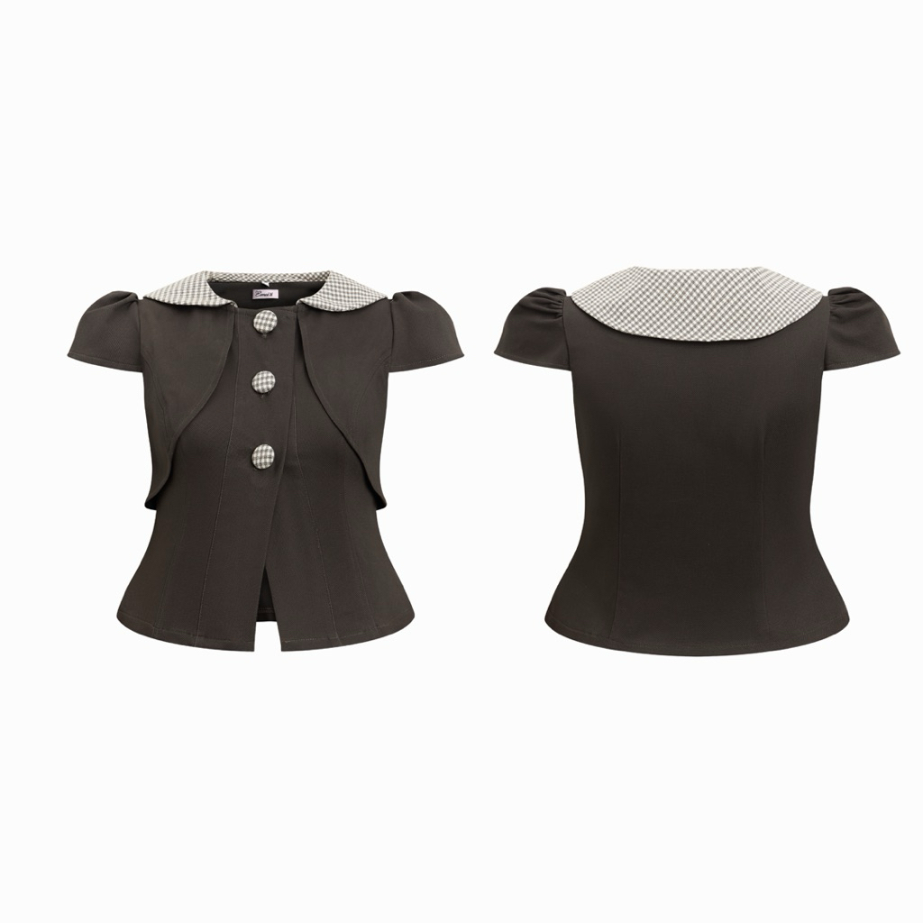 KAMI TOP - Áo Bayby doll chất liệu khaki phối cổ caro điểm nhấn nút bọc