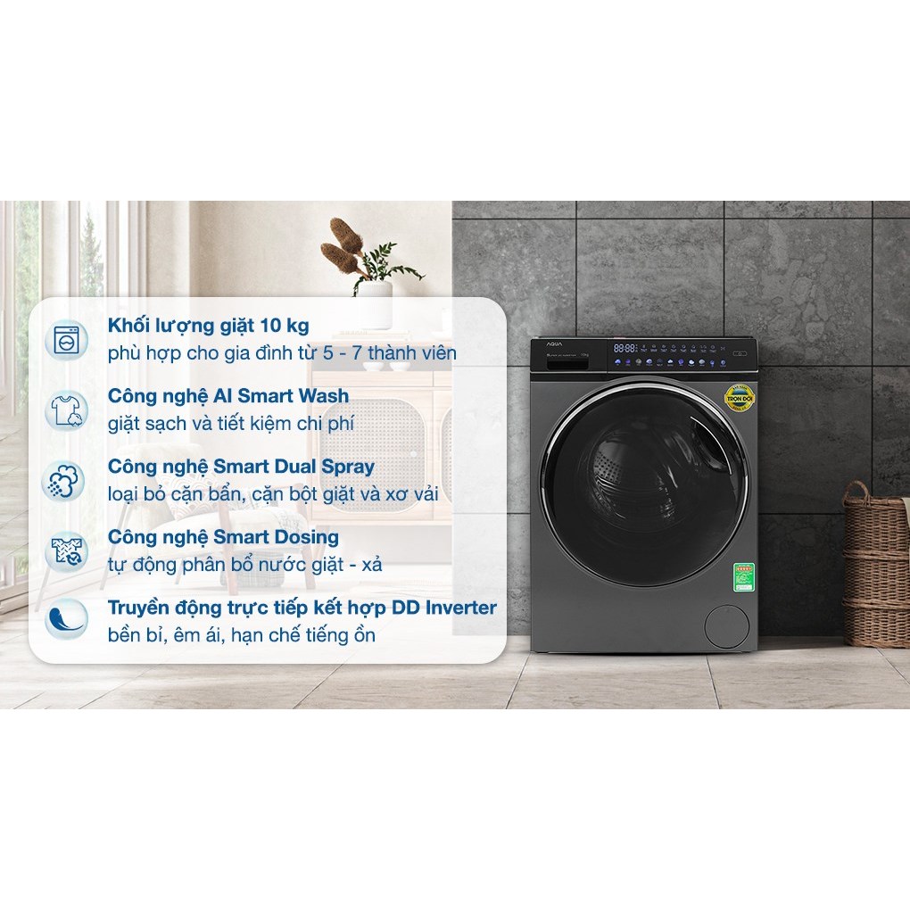 Máy giặt Aqua Inverter 10 kg AQD-DDW1000J BK - Truyền động trực tiếp - Bảo hành động cơ trọn đời