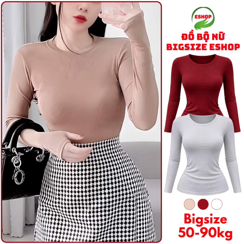 Áo Kiểu Nhũ Tay Dài Bigsize ESHOP - Áo Sát Nách Trơn Cổ Tròn Ôm Body Dễ Thương Thời Trang MS024