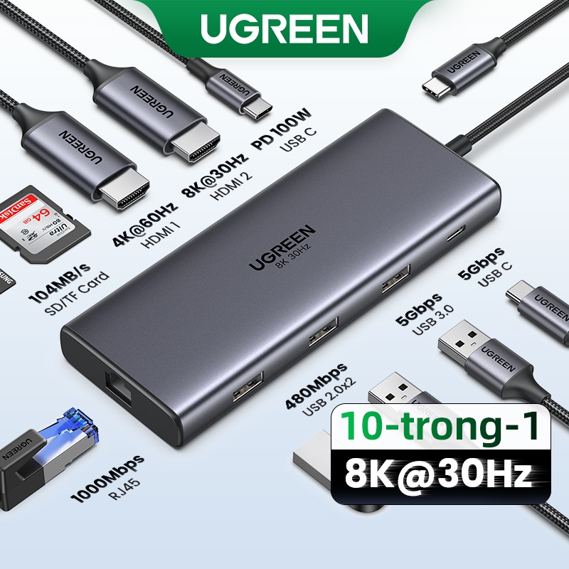 Ugreen Revodok Pro 210 Docking Station 10 trong 1 USB C Dock Dual HDMI 4K @ 60Hz Đơn 8K @ 30Hz 100W 
