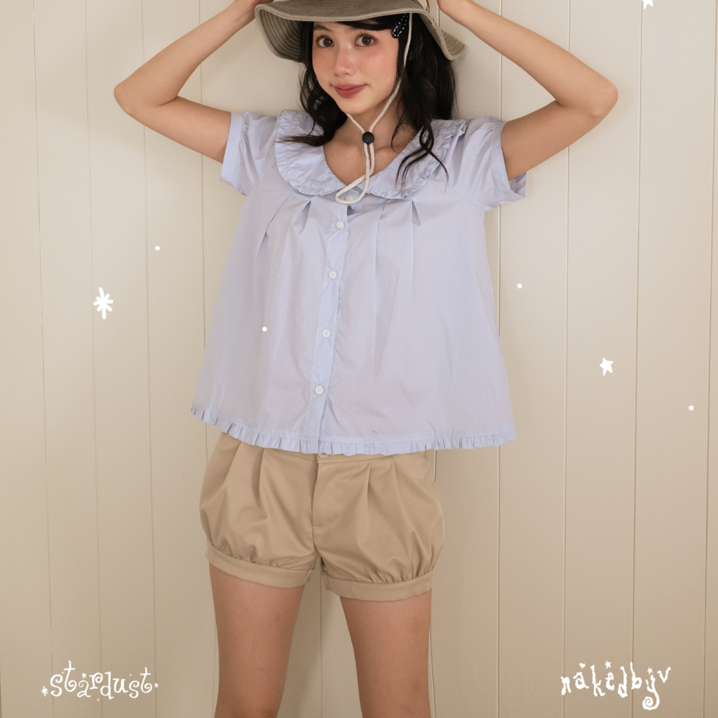 Áo sơ mi babydoll tay ngắn nữ NAKEDbyV áo kiểu cổ bèo tay bồng dáng A NORA TOP