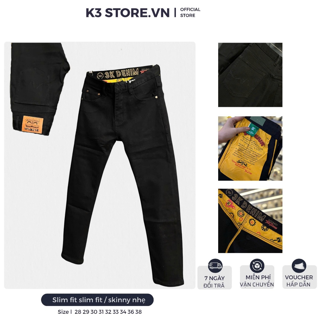 [K3 STORE VN] Quần Jean Nam Dài Denim Guangzhou J3786-2238 Màu Đen Bassic Chất Jean Chữ 3K Denim Mẫu