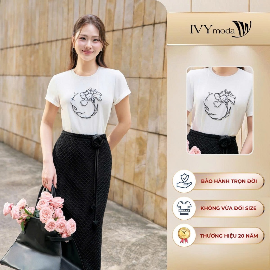 Áo thun cotton thêu hoa, Áo công sở dạo phố nữ IVY moda MS 57M9144