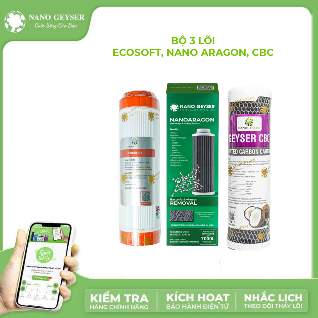 Bộ 3 lõi máy lọc nước Nano Geyser Eco Max, Geyser Ecotar 5, Lõi Ecosoft, Aragon, CBC
