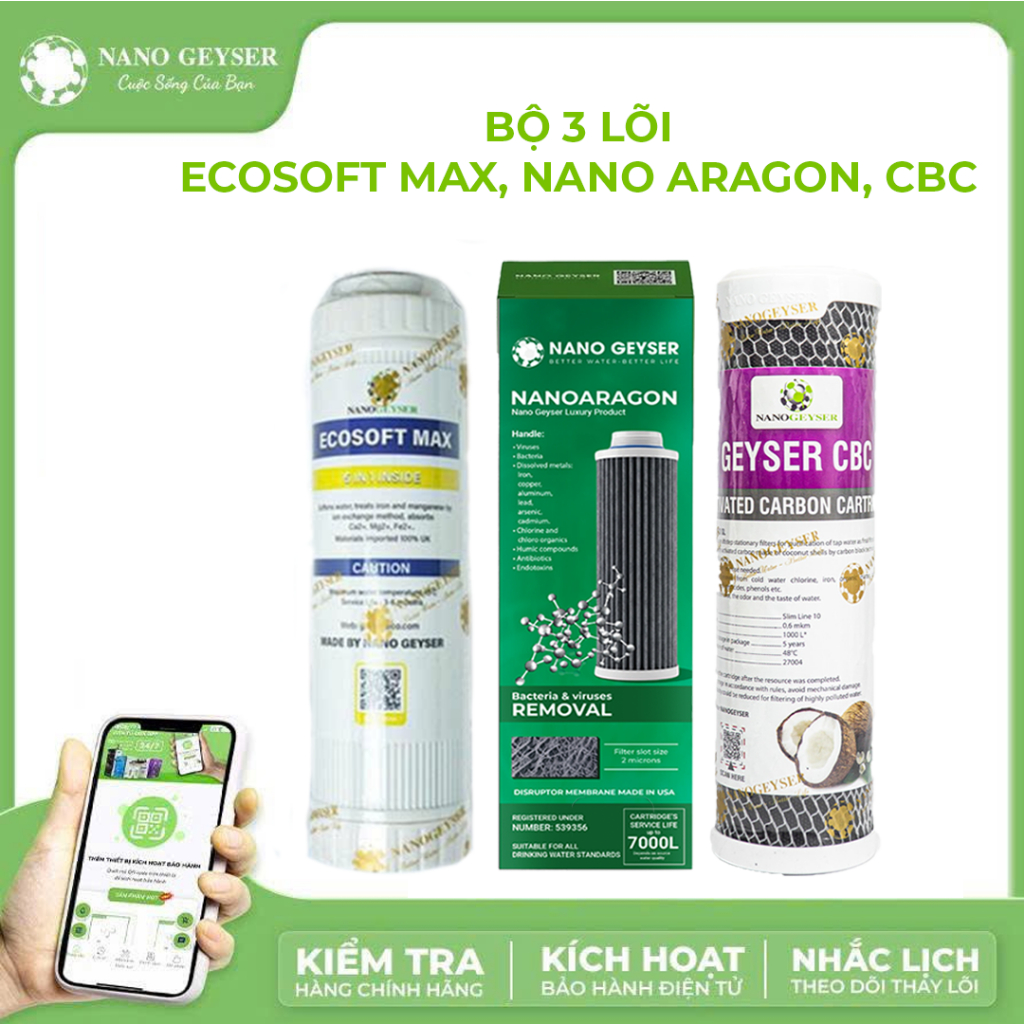 Bộ 3 lõi máy lọc nước Geyser Ecotar 3, Geyser Ecotar 6, Lõi Ecosoft Max, Nano Aragon, CBC