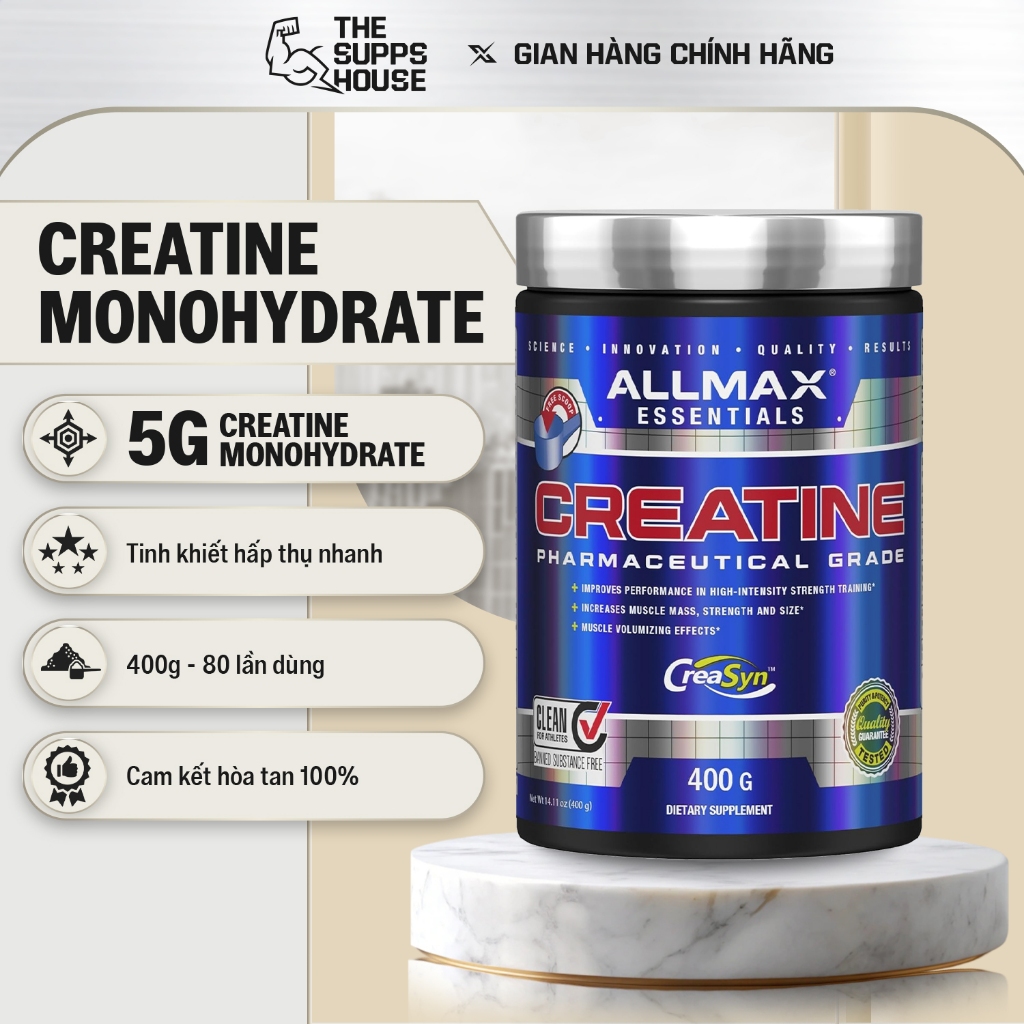 Bột Allmax Creatine Monohydrate (400g-Unflavored) pump phồng cơ bắp, tăng sức mạnh