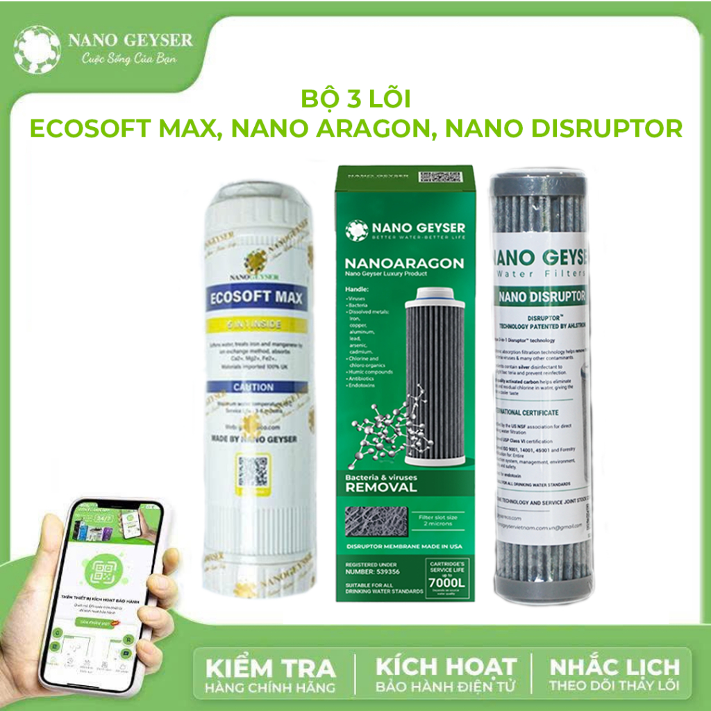 Bộ 3 lõi máy lọc nước Geyser Ecotar 4, Geyser Ecotar 8, Lõi Ecosoft Max, Nano Aragon, Disruptor