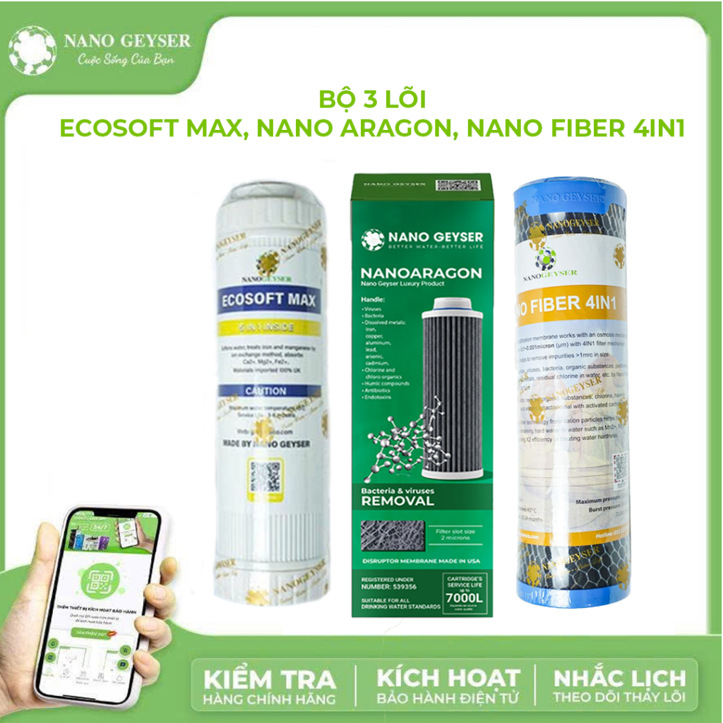 Bộ 3 lõi máy lọc nước Geyser Ecotar 3, Ecotar 4,..., Lõi Ecosoft Max, Nano Aragon, Nano Fiber 4IN1
