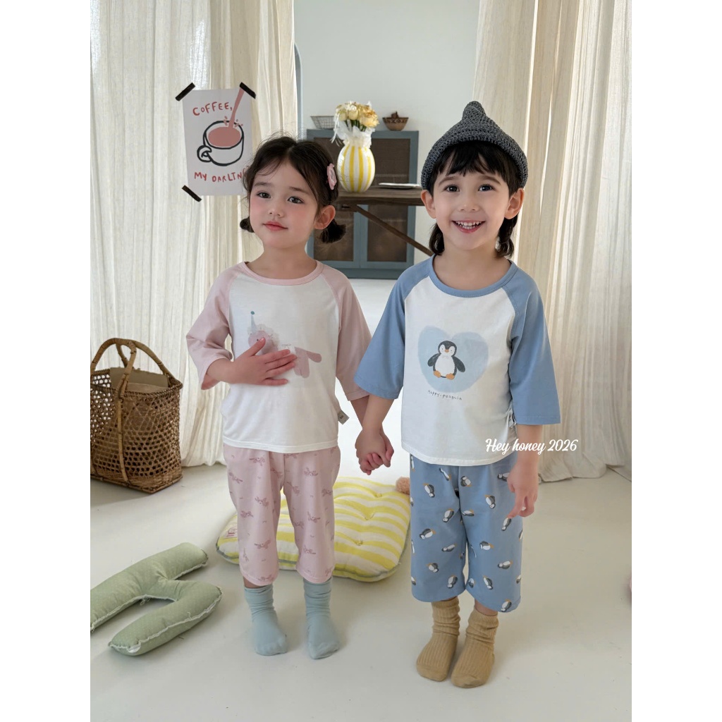 Bộ quần áo lửng HEY HONEY cho bé, bộ ngủ mặc nhà chuẩn HEY HONEY Quảng Châu chất Tencel kháng khuẩn 