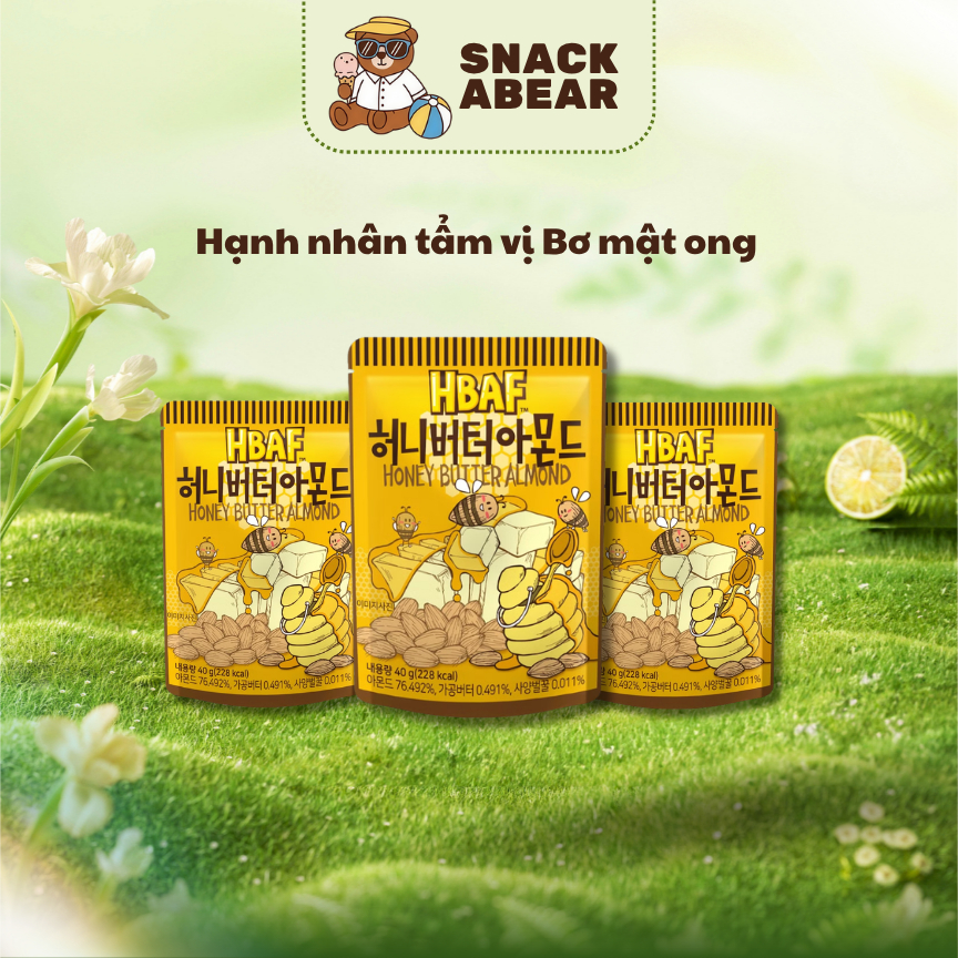 Hạt Hạnh Nhân Tẩm Vị HBAF Mật ong Hàn Quốc – Gói 40g & 120g Ăn Vặt Tiện Lợi Healthy-Snackabear