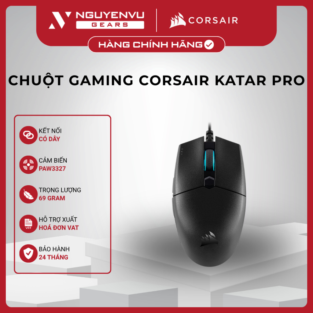 [Full VAT] Chuột Gaming Corsair Katar Pro - Nhẹ 69g - 12400 DPI - BH 24 THÁNG