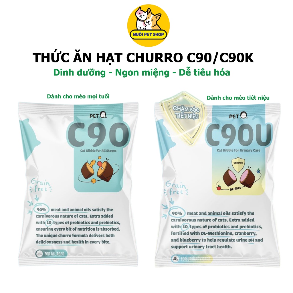 Thức ăn hạt cho mèo PetQ, Hạt Churro C90U C90 90% từ thịt & dầu động vật, hạt c90 - Nuôi Pet Shop