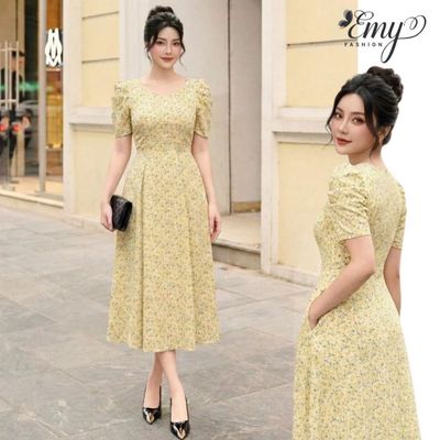 Đầm Nữ Vải Mago Hoa EMY EX9769 Nền Vàng Nhạt Hoa Nhí Xanh Dáng Đẹp Mặc Đi Chơi Hè