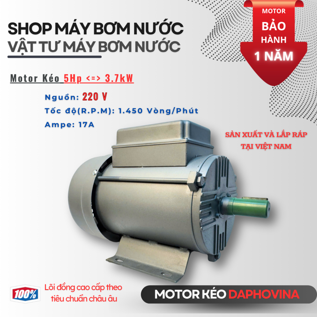 Motor Daphovina 5Hp 3.7kW – 1 Pha/3 Pha – Tua 1450 – Lõi Đồng 100% – Kéo Máy Cực Mạnh