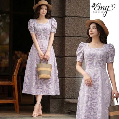 Đầm Hoa Tím Nhẹ Nhàng Thiết Kế EMY Thời Trang EX9784 Vải Tafta Gấm Thanh Lịch Đi Chơi Du Lịch