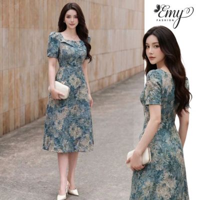 Đầm Thiết Kế EMY Thời Trang Cao Cấp EM9564 Chất Tafta Gấm Xanh Hoa trắng Sang Trọng Thanh Lịch