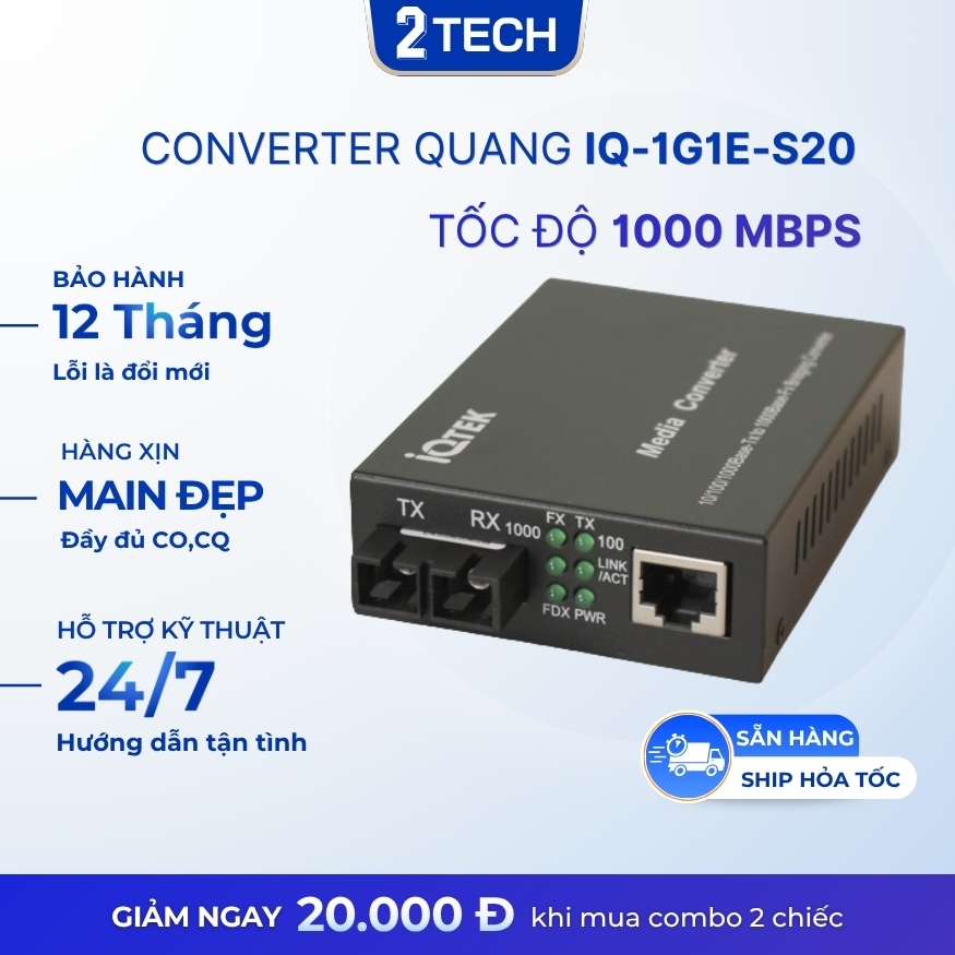 Thiết bị Converter quang 2 sợi quang, Converter quang IQTEK 1G1E-S20, tốc độ 1000mbps, bảo hành 12 t