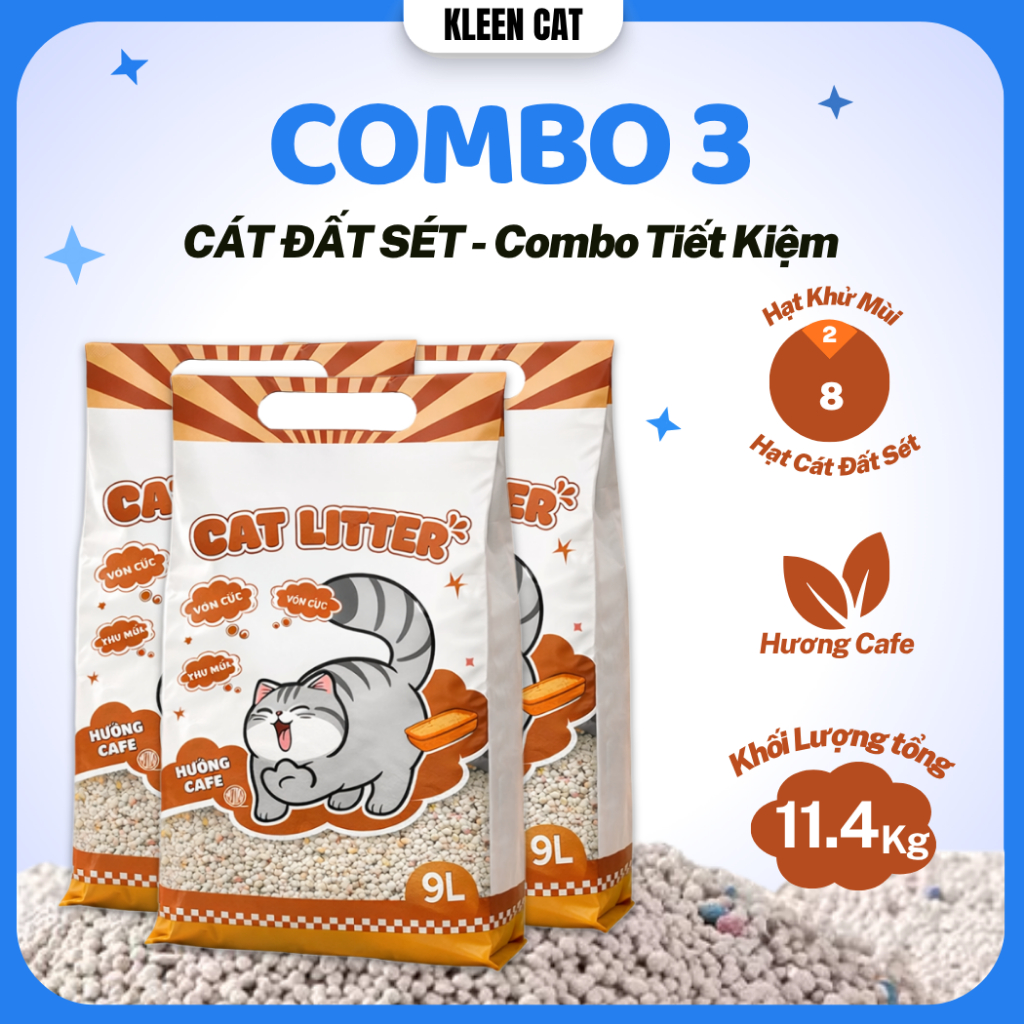 [TẶNG SÚP] Combo 3 túi Cát Mèo Kleen Vón Cục Tốt, Cát Vệ Sinh Mèo Kleen 9l - kleencat2