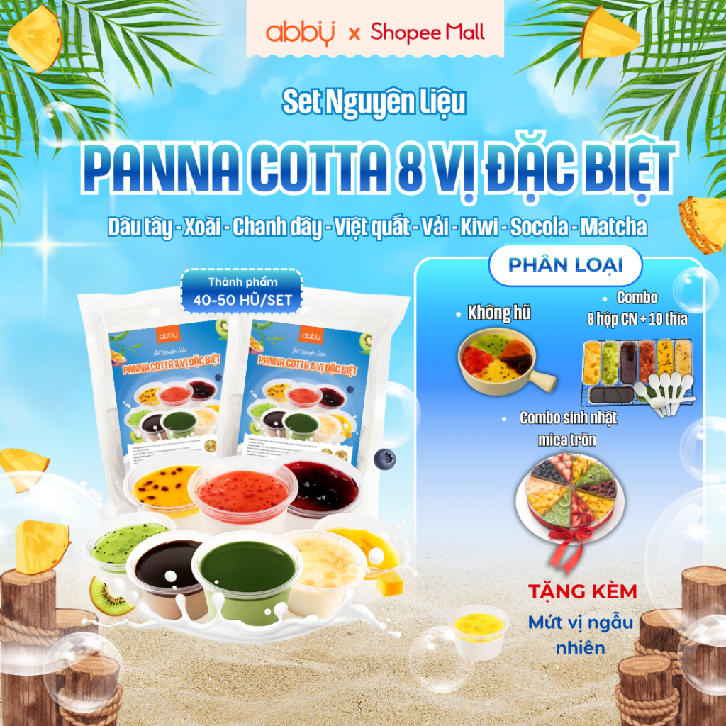 [ABBY] Set nguyên liệu làm Panna Cotta mix 8 vị siêu sốt - thành phẩm 40-50 hũ - Bột trộn sẵn, mứt v