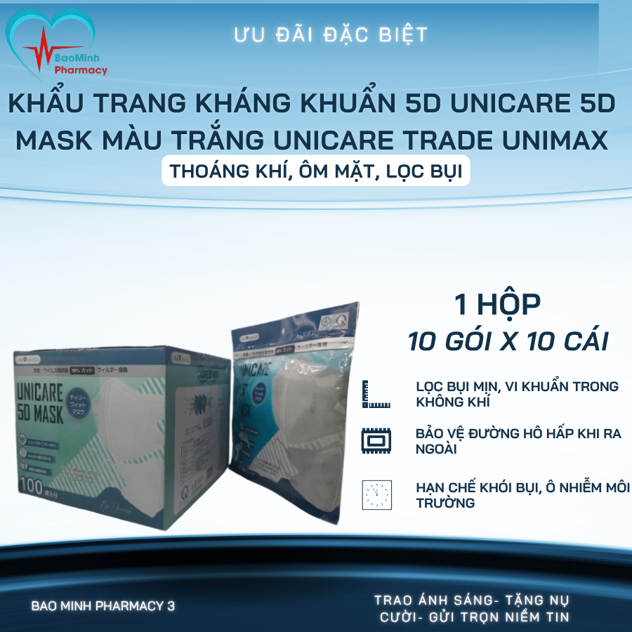 Khẩu Trang Kháng Khuẩn 5D Unicare 5D Mask Màu Trắng Unicare Trade Unimax (Hộp 10 Gói x 10 Cái) – Tho