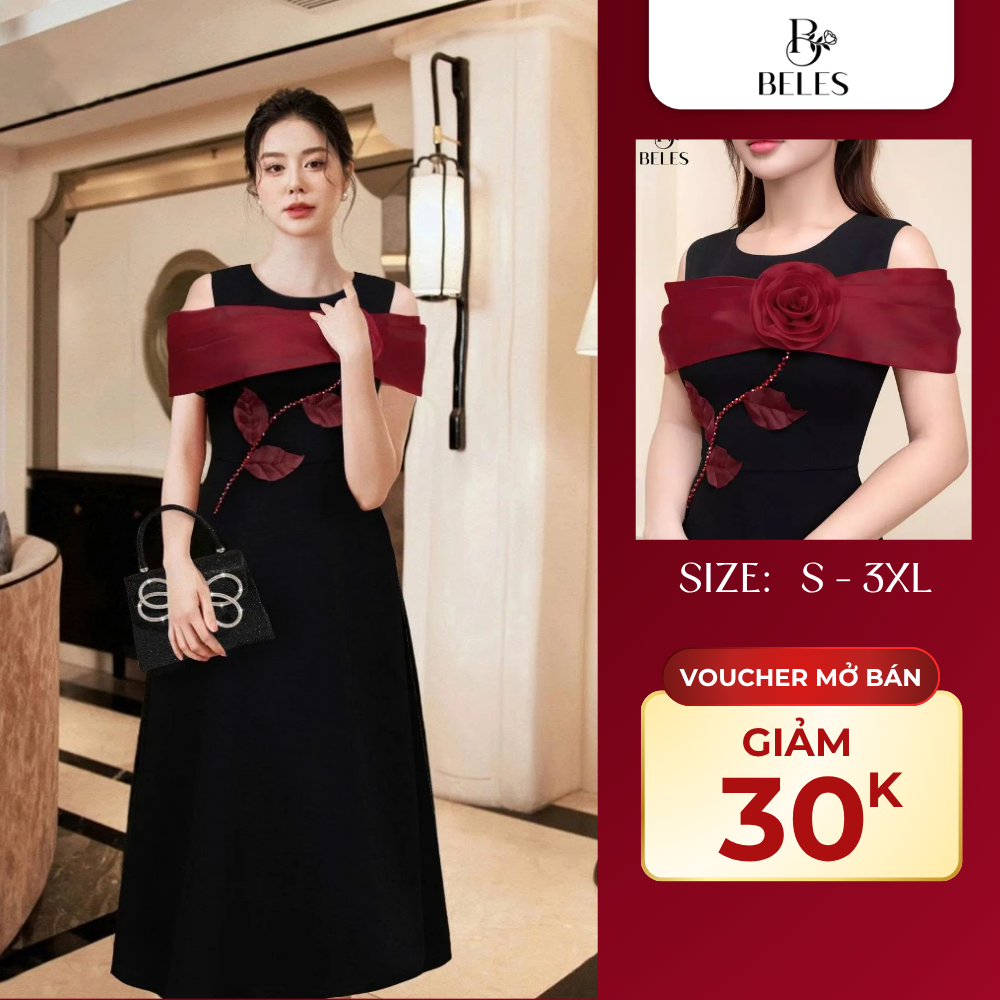 Đầm Tiệc Phối Vai Tơ Đính Hoa Thủ Công Beles Sang Trọng Thanh Lịch Tôn Dáng V17-25041
