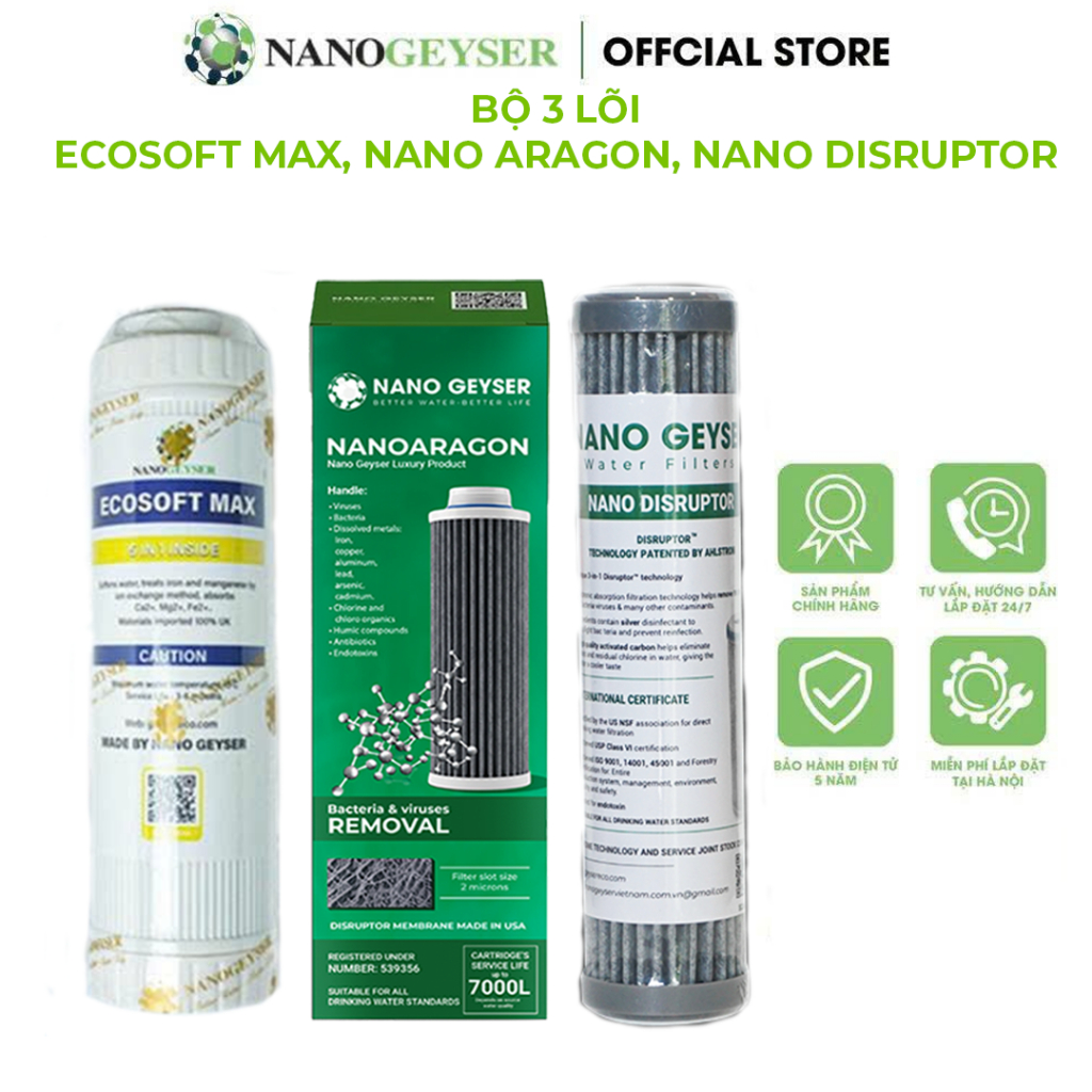 Bộ 3 lõi lọc dùng cho máy Geyser Ecotar 4, Ecotar 8, Lõi Ecosoft Max, Nano Aragon, Disruptor Nano Ge