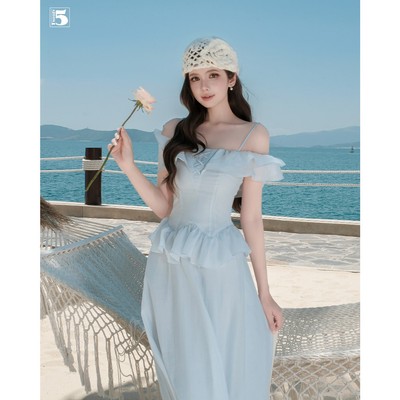 Đầm hai dây đi biển nữ Twentyfive dáng dài phối bèo ngực, chiết eo tôn dáng, đan dây trước ngực DH165