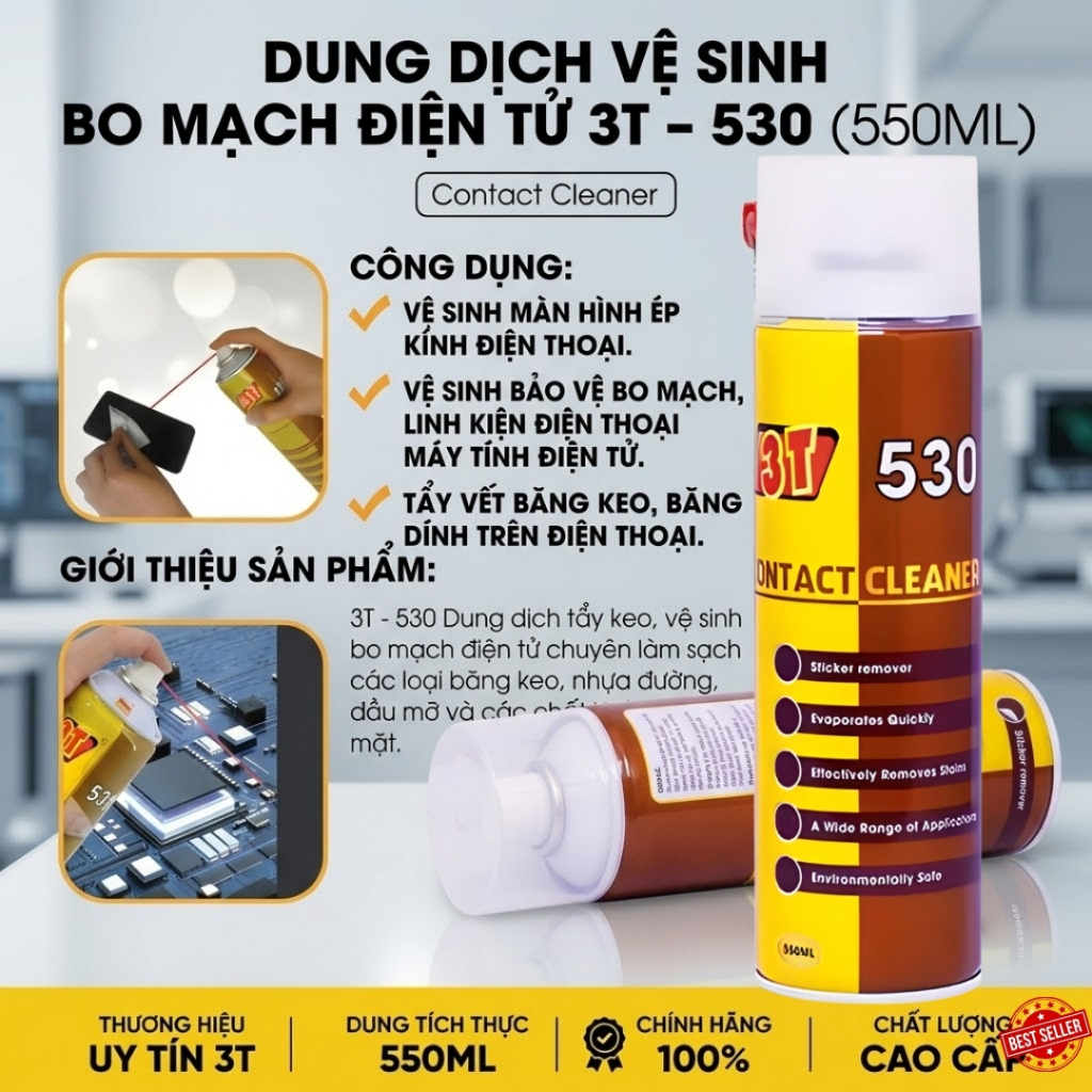 Vệ Sinh Bo Mạch Điện Tử 3T 530 – Làm Sạch Main, PCB, Tiếp Điểm, Không Dẫn Điện, Bay Hơi Nhanh