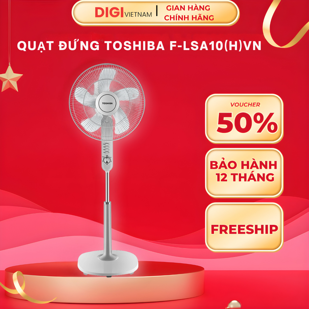 Quạt Cây Đứng TOSHIBA F-LSA10VN Công Suất 50W, Quạt Điện 5 Cánh, Hẹn Giờ Tắt, Góc Đảo Gió 85 Độ - BH