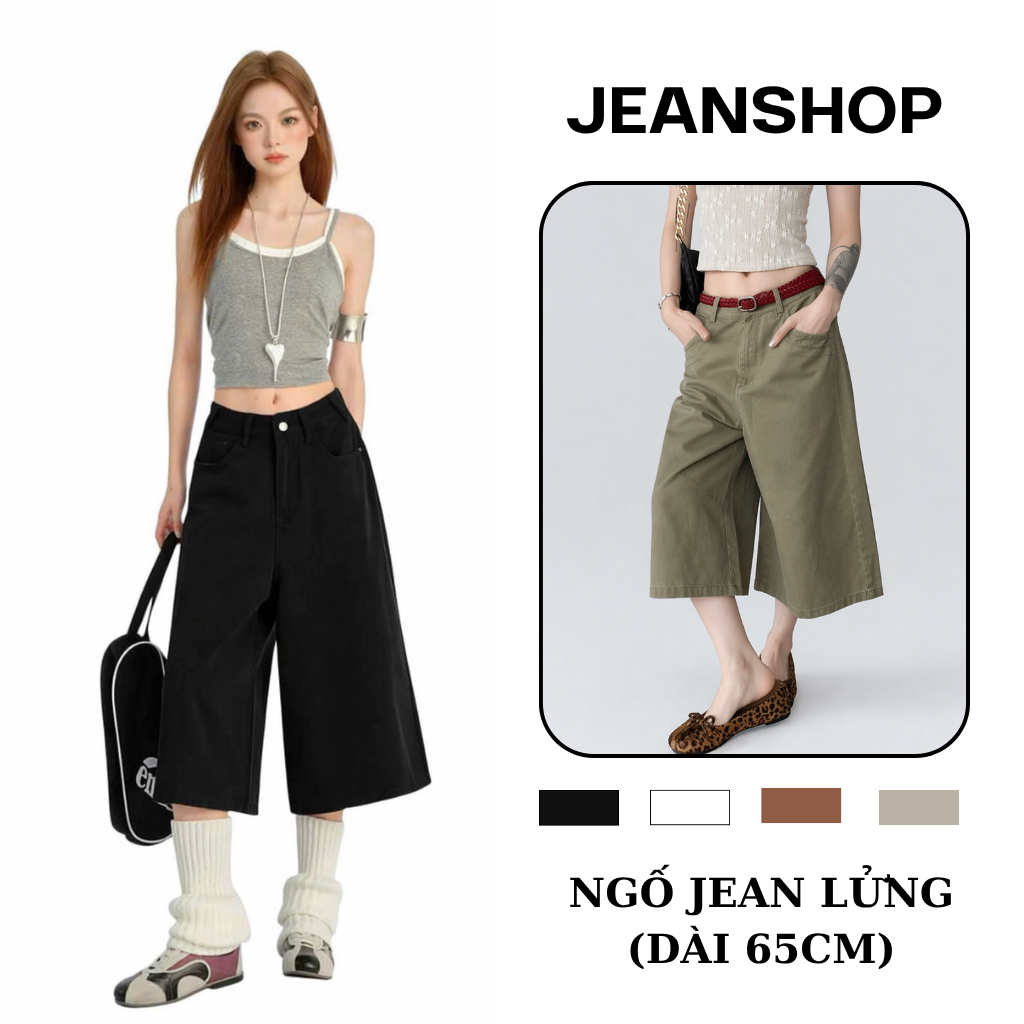 Quần Ngố Lửng Jean Nữ Lưng Cao, Ống Rộng, Nhiều màu, Phong Cách Ulzzang Hàn Quốc_Jeanshop