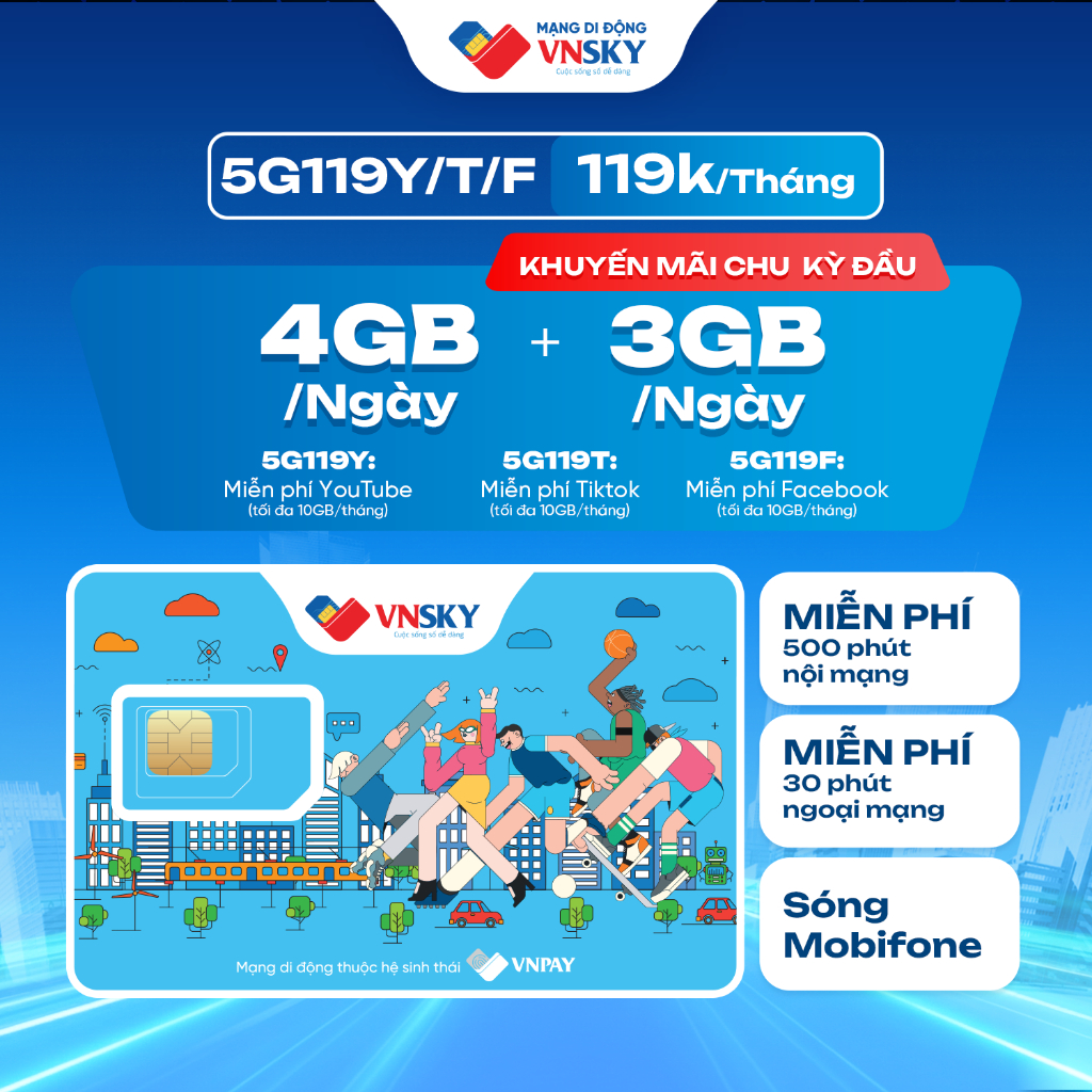 5G119C - Sim data 5G + gói VNSKY 5G119C (7GB/ngày) Free tháng đầu + Free Tiktok, Youtube, Facebook +